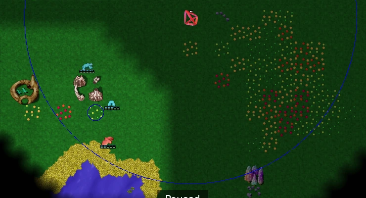 Cyan inn and globs beside mixed fruit and wheat, with a red exploration flag.