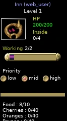 Inn panel showing Food 8/10, Working 2/2 and Inside 0/4.