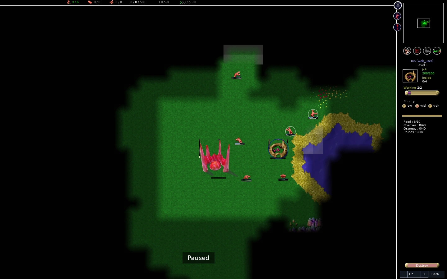 Red home colony with completed inn beside wheat and pond.