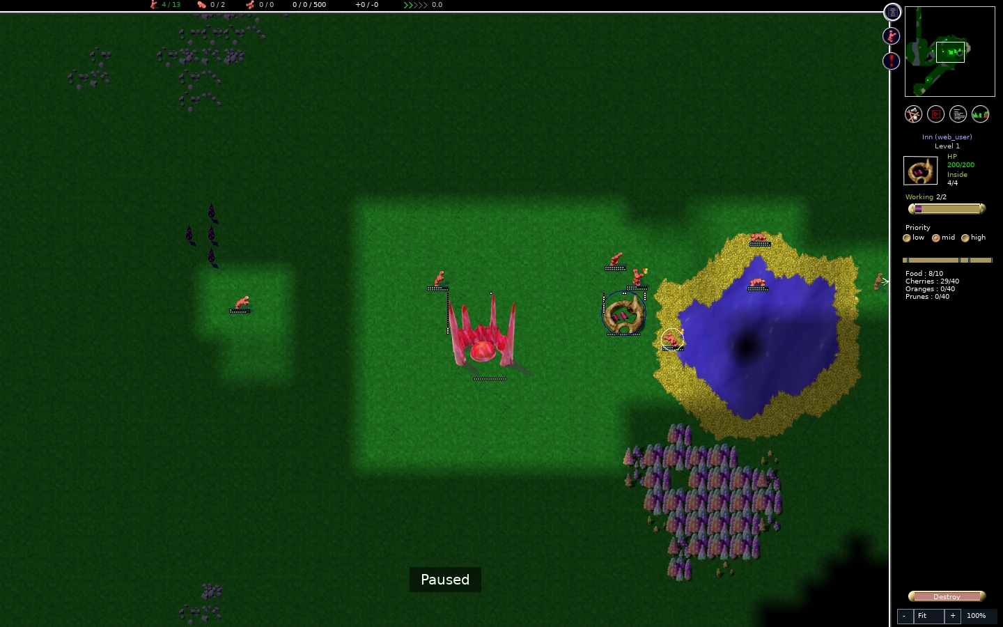 Red colony with thirteen workers and two explorers, selected inn beside wheat and fruit.