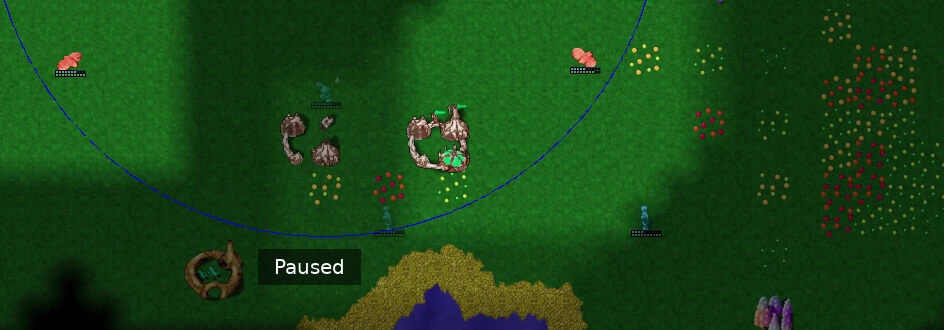 Scouted cyan building sites and inn near fruit with red scouts.