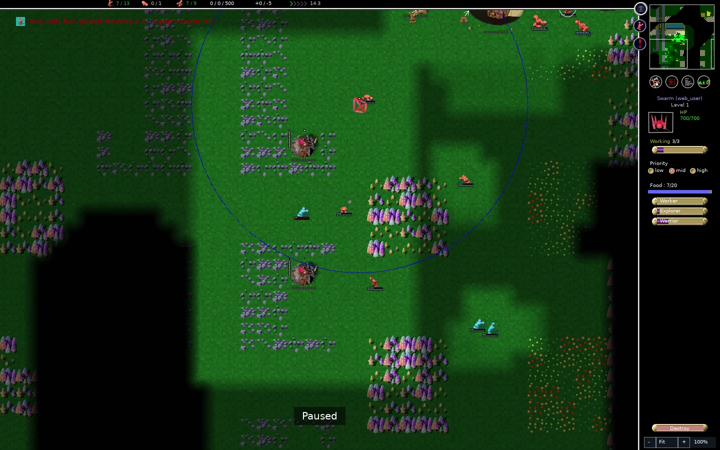Cyan units near the red approach with message that globs joined Maxima.