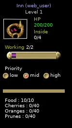 Completed inn panel showing food stock, occupancy and workers.