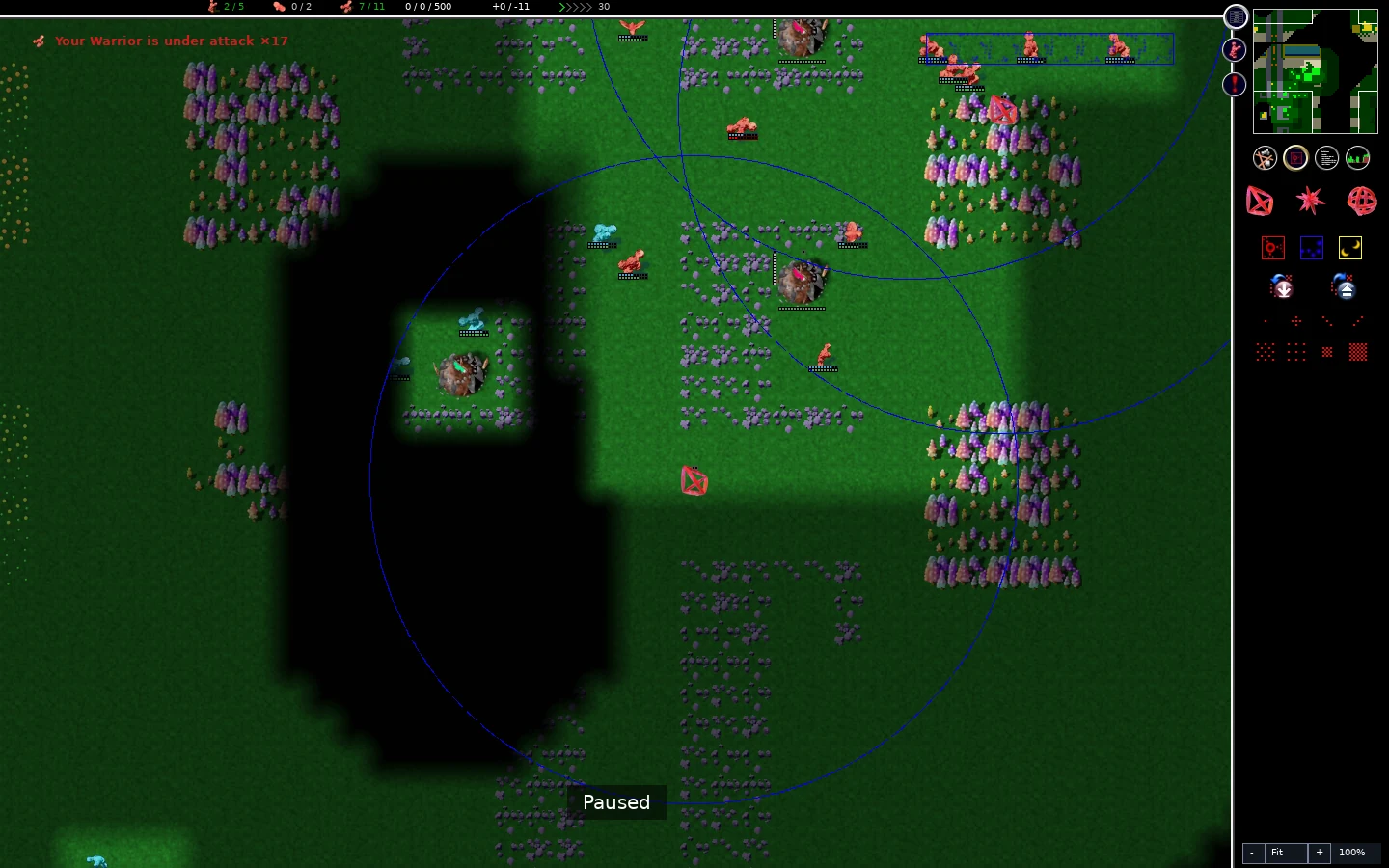 Several cyan units and a tower near the red defense approach.