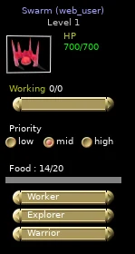 Swarm panel with birth bars zero and Working0/0.
