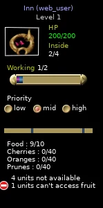 Inn panel showing ordinary food available but all fruit stocks zero.