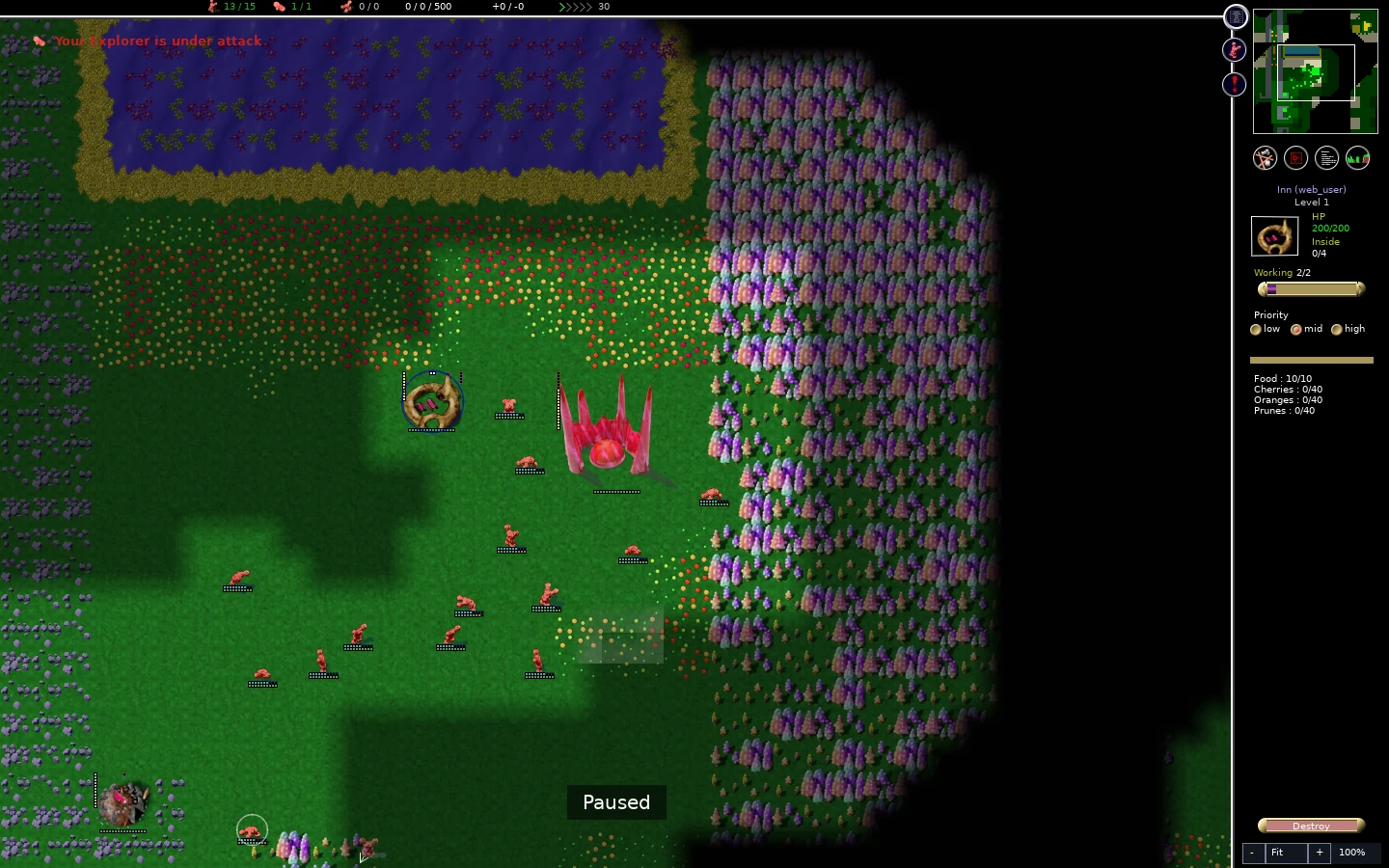 Red colony with selected finished inn beside food.