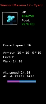 Enemy warrior panel showing health, nutrition and combat training.