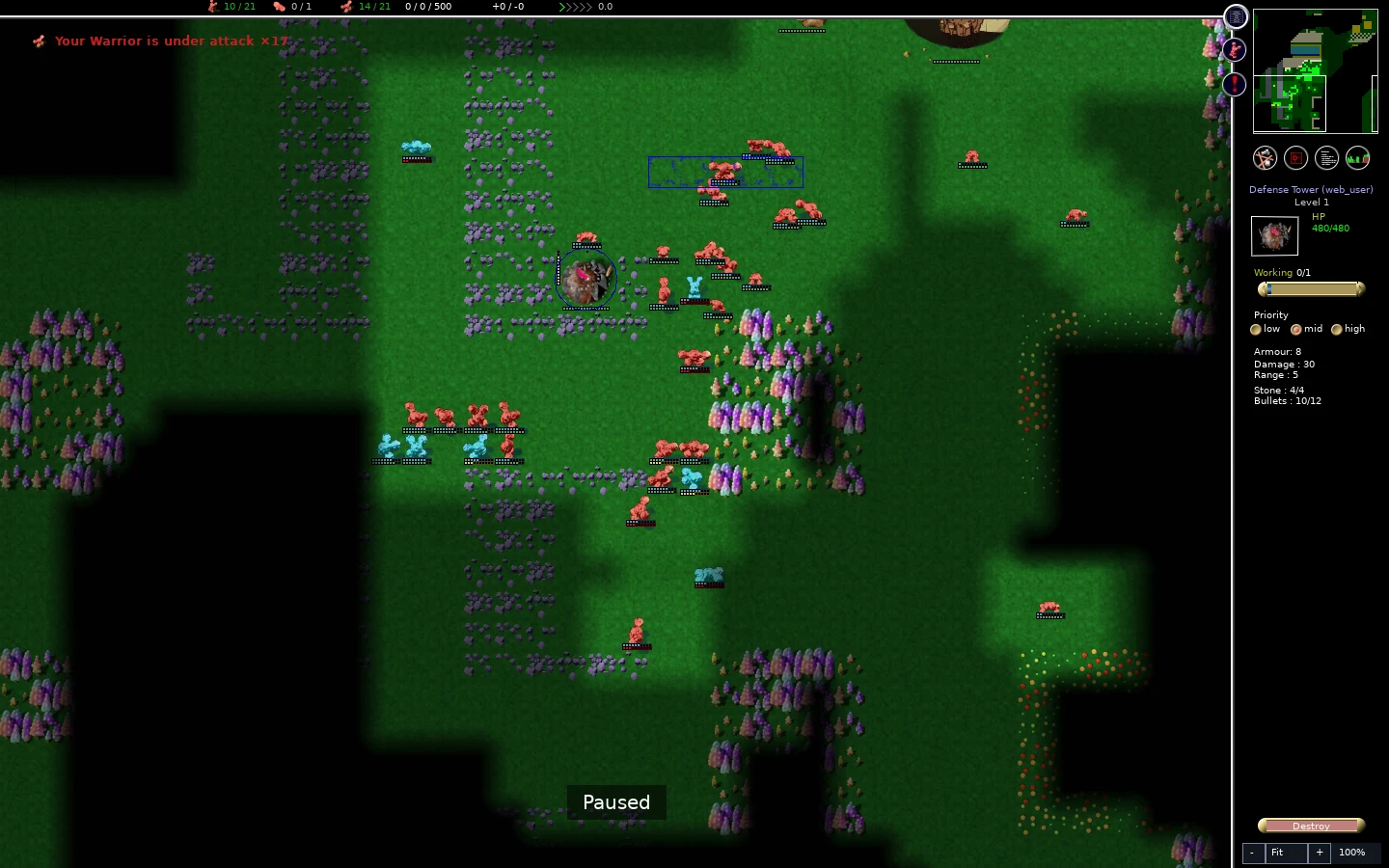 Cyan and red warriors in contact south of the red guard strip.