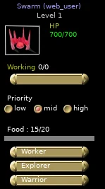 Swarm panel with Working 0/0 and zero birth-weight bars.