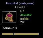 Hospital panel showing HP 260/260 and Inside 2/2.