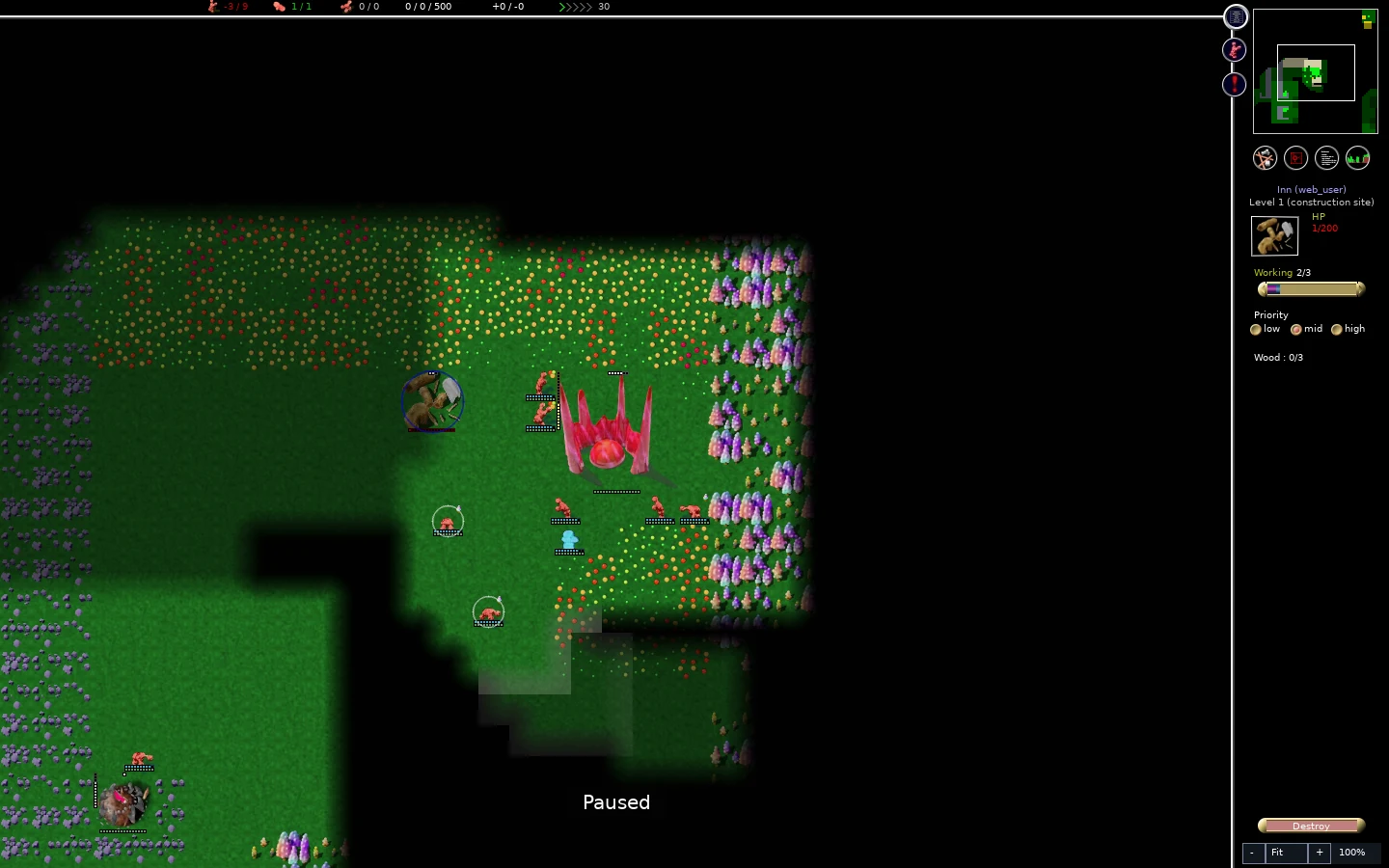 Red colony with inn foundation and nearby resources.