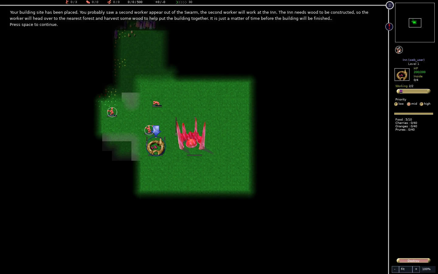 Completed inn beside the swarm; sidebar shows Food 5/10 and Working 2/2.