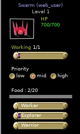 Swarm sidebar crop with Explorer-only production, Working 1/1 and Food 2/20.