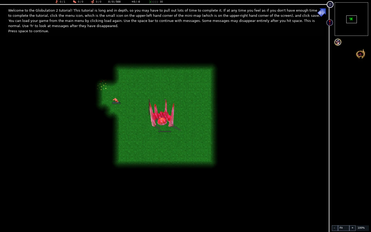 Initial red swarm and worker beside wheat; the minimap shows a small explored area.