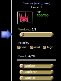 Swarm sidebar crop with Working 1/1, its staffing arrows and production controls.
