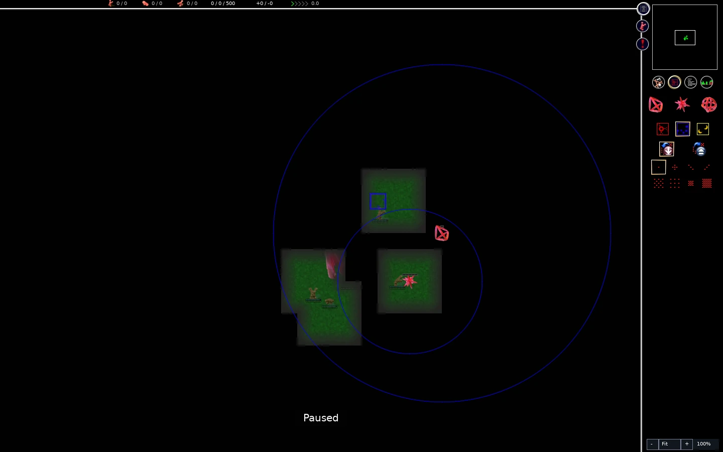 Blue guard area brush selected in flags sidebar, with one blue square painted near the colony.