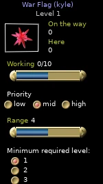 War flag panel showing On the way 0, Here 0, Working 0/10, Range 4 and level 1 selected.