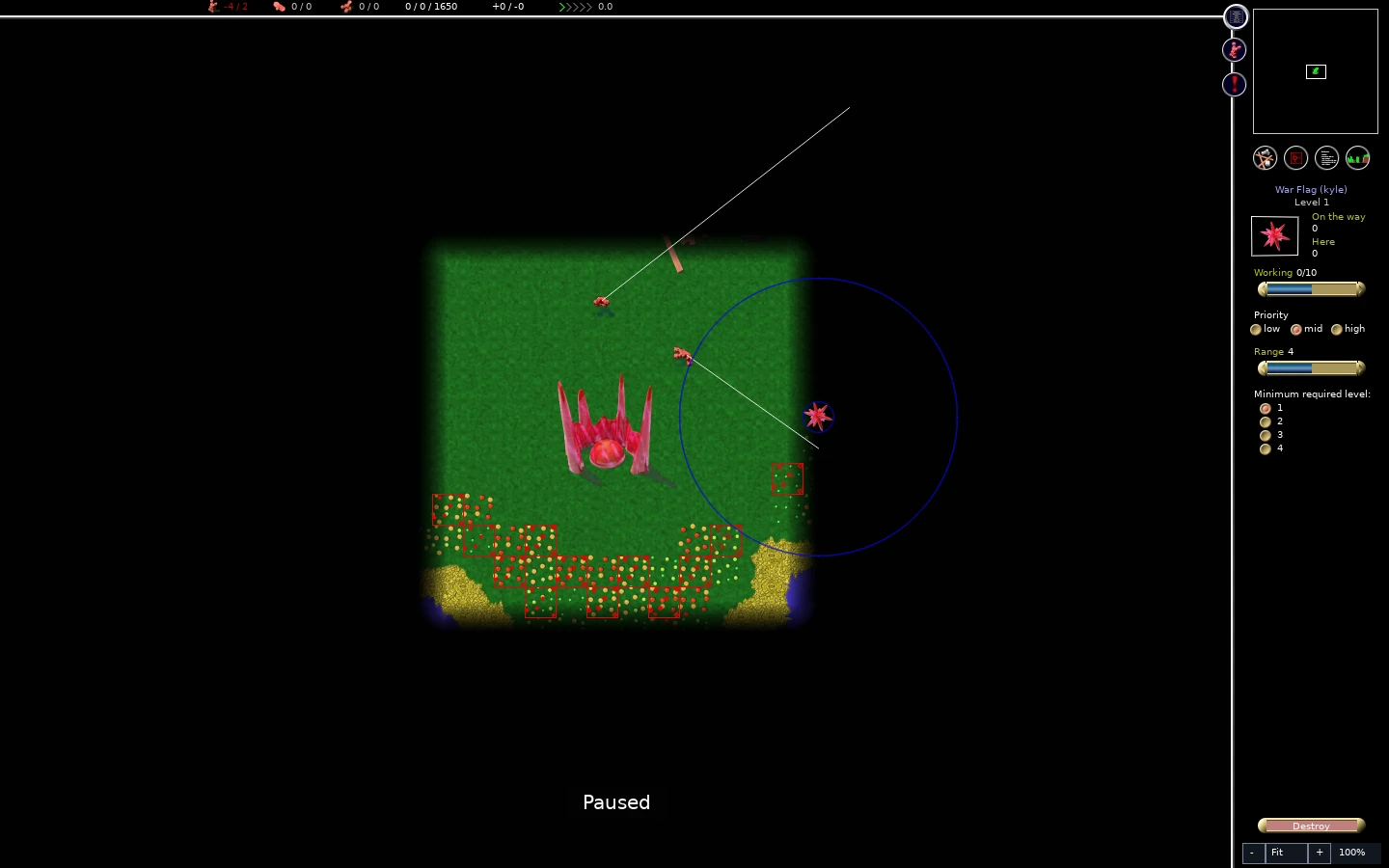 Selected war flag near a swarm with Working 0/10, Range 4 and minimum level 1; two workers and no warriors in the top counters.
