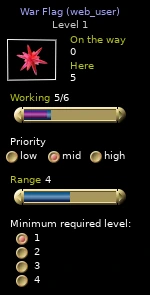 War flag panel with On the way 0, Here 5, Working 5/6, Range 4, and minimum level 1 selected.