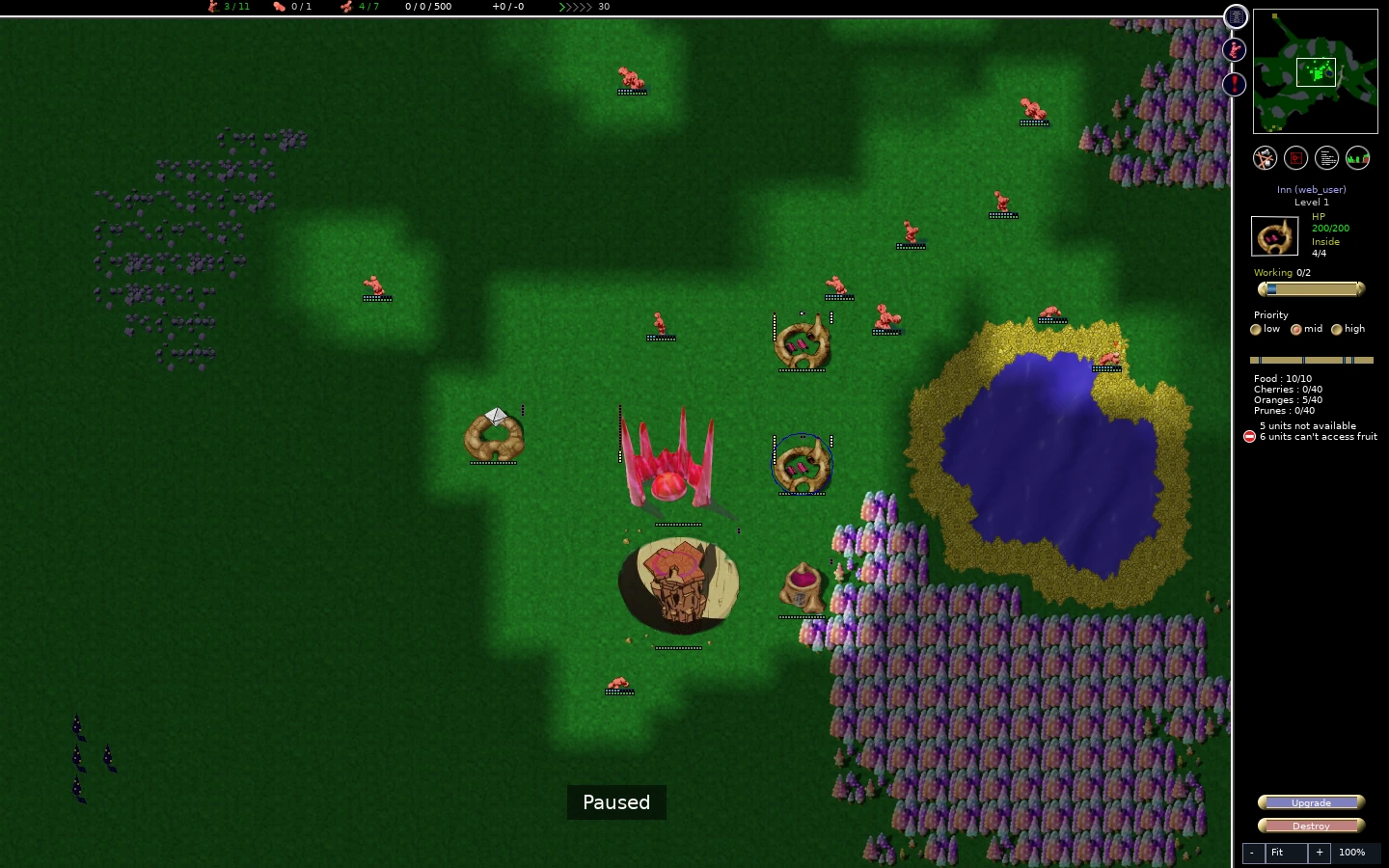 Red colony after the attack with seven warriors in the top counter; selected inn shows Inside 4/4 and Food 10/10.