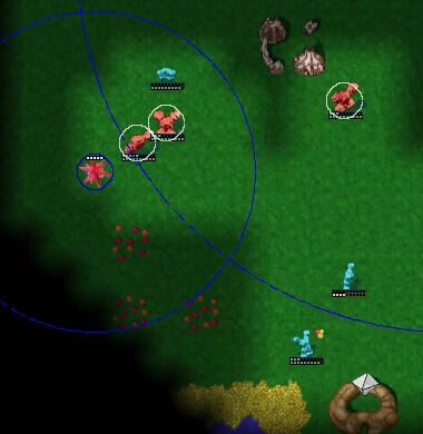 Same battle-area crop after contact: the cyan inn and swarm have disappeared, with red warriors near the flag and cyan survivors nearby.