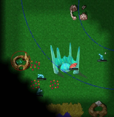 Battle-area crop showing a selected cyan inn on the left, adjacent cyan swarm, red war flag above, and a red glob nearby.