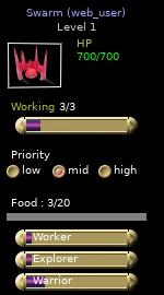 Swarm panel showing Working and Food, with Worker, Explorer, and Warrior production controls.