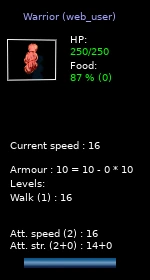 Warrior panel showing full health, 87% food, Walk level 1, attack speed level 2, and attack strength 14.