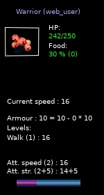 Returned warrior panel showing 242/250 HP, Food 30%, Walk level 1, attack training level 2 and an attack strength bonus of +5.