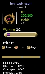 Inn panel showing 200/200 HP, Inside 4/4, Working 2/2, and Food 8/10.