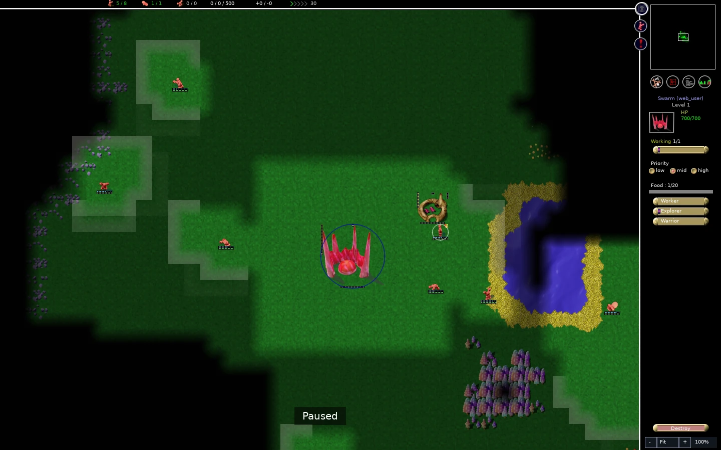 Selected swarm with Explorer-only weight, top explorer total one, and a flying explorer beyond the lake at right.