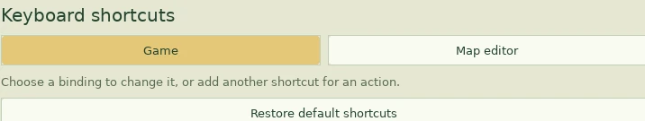 Keyboard shortcuts section showing Game, Map editor and Restore default shortcuts.