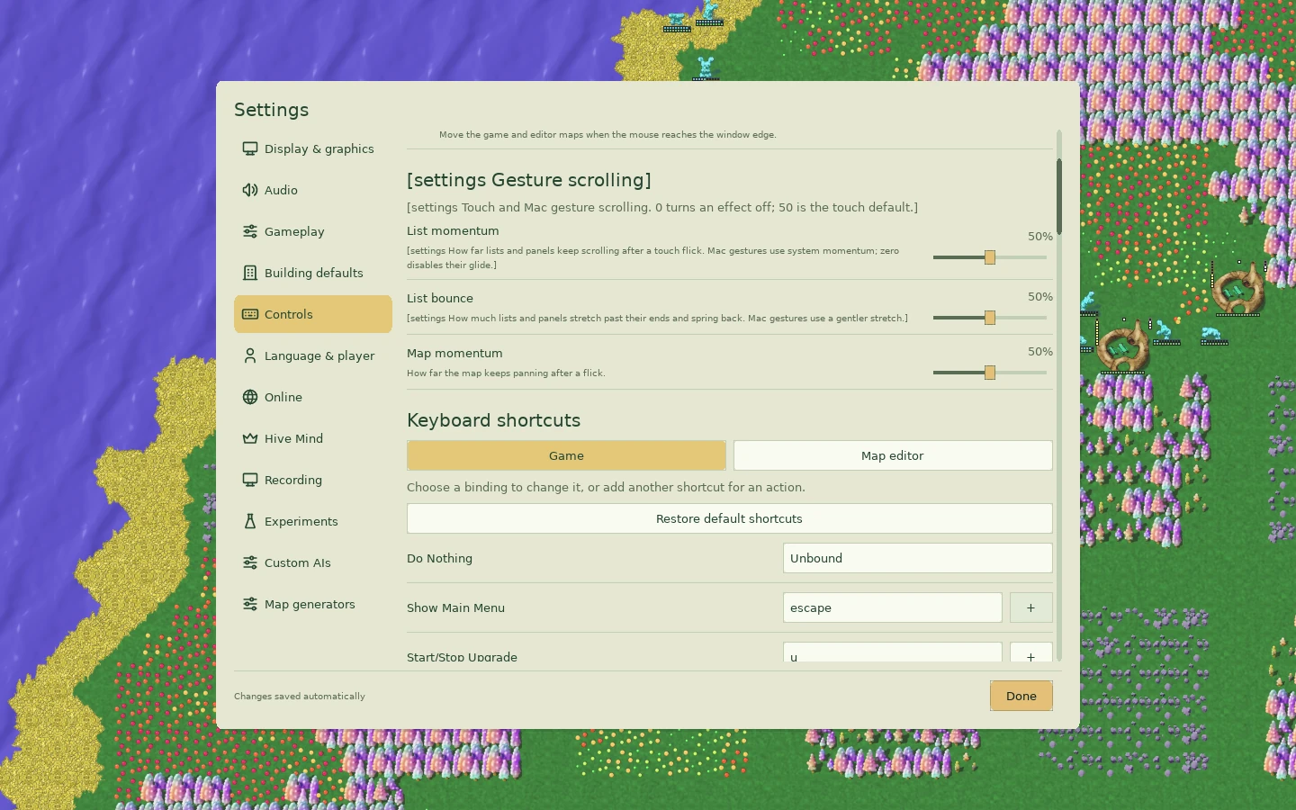 Controls settings with Keyboard shortcuts, Game selected, Restore default shortcuts and individual binding rows.
