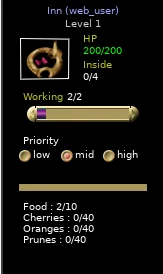 Completed inn panel crop showing Food 2/10, Inside 0/4 and Working 2/2.