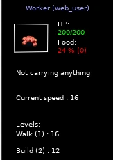 Trained worker ability panel showing Walk (1): 16 and Build (2): 12.